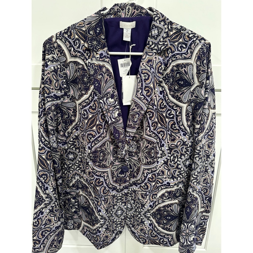 Chicos Scarf Print Blazer Jacket Victorian Purple Paisley Single Button NWT 2 L‎